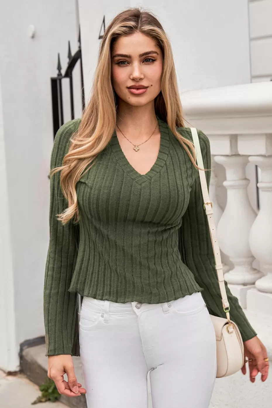 Fashion Cupshe Olive Ribbed Knit V-Neck Long Sleeve Top Green