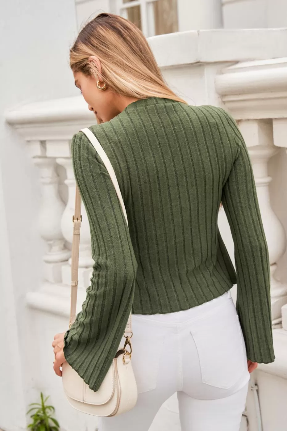 Fashion Cupshe Olive Ribbed Knit V-Neck Long Sleeve Top Green