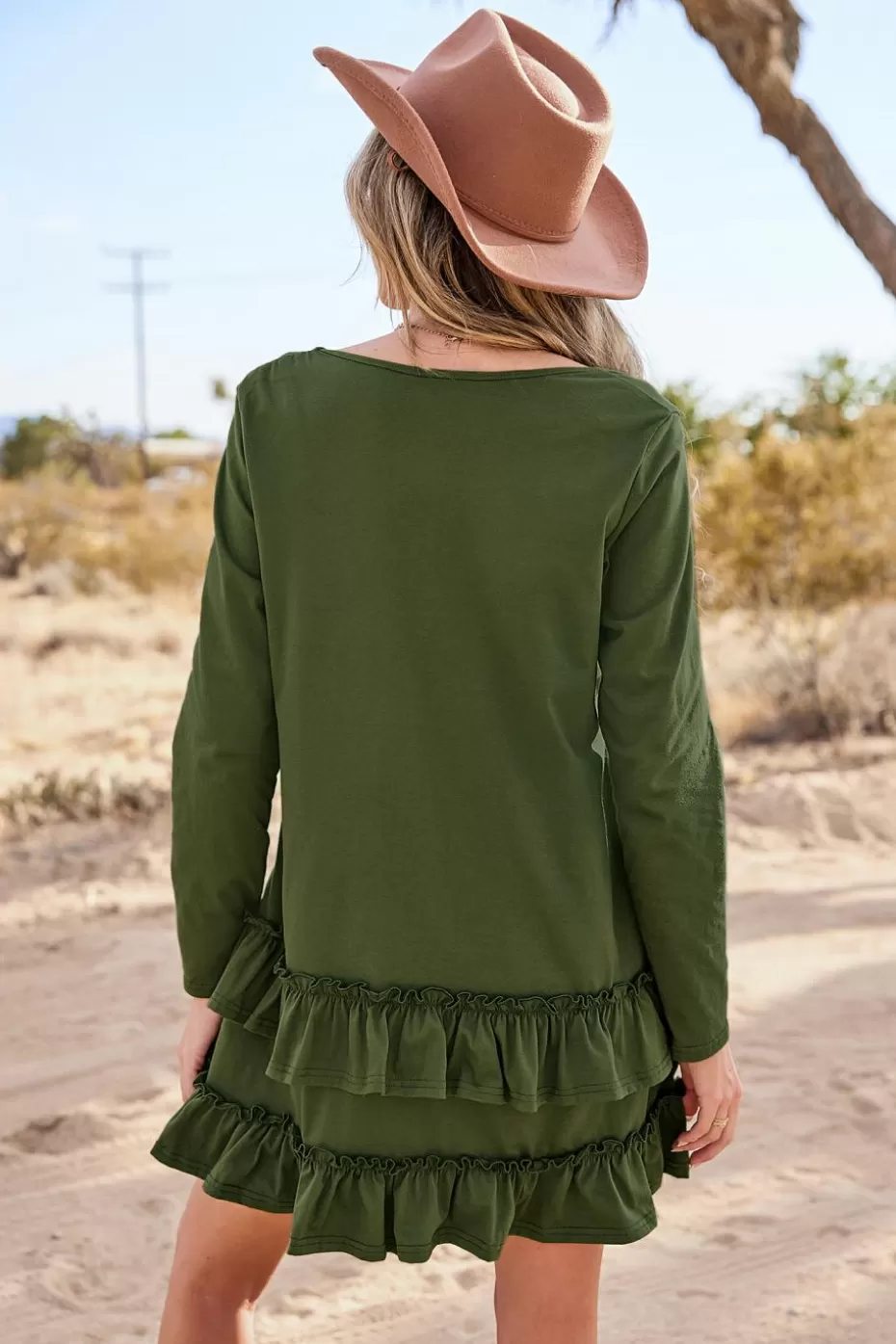 Store Cupshe Scoop Neck Long Sleeve Tiered Ruffle Hem Mini Dress Olive