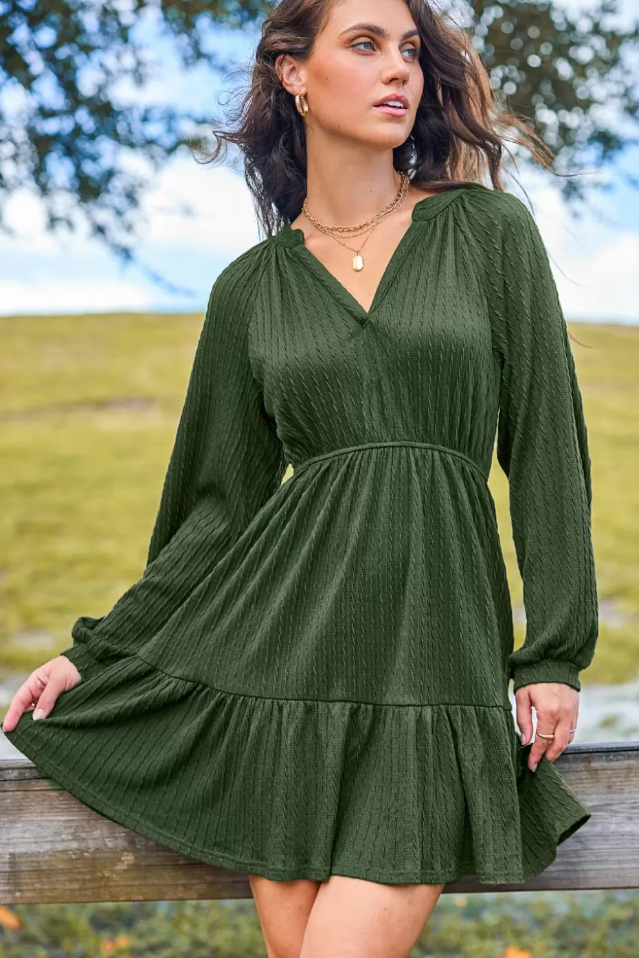 Best Sale Cupshe Olive Split Neck Long Sleeve Mini Dress Green