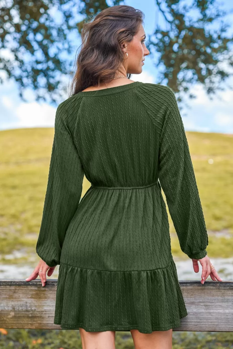 Best Sale Cupshe Olive Split Neck Long Sleeve Mini Dress Green