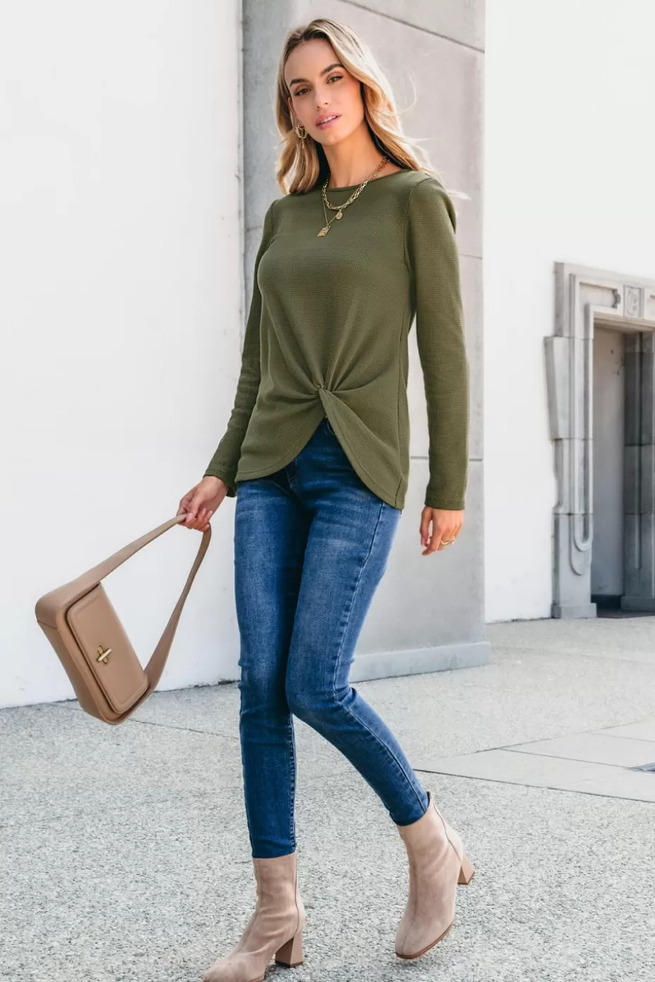 Flash Sale Cupshe Olive Waffle Knit Hem Twist Long Sleeve Tee Green