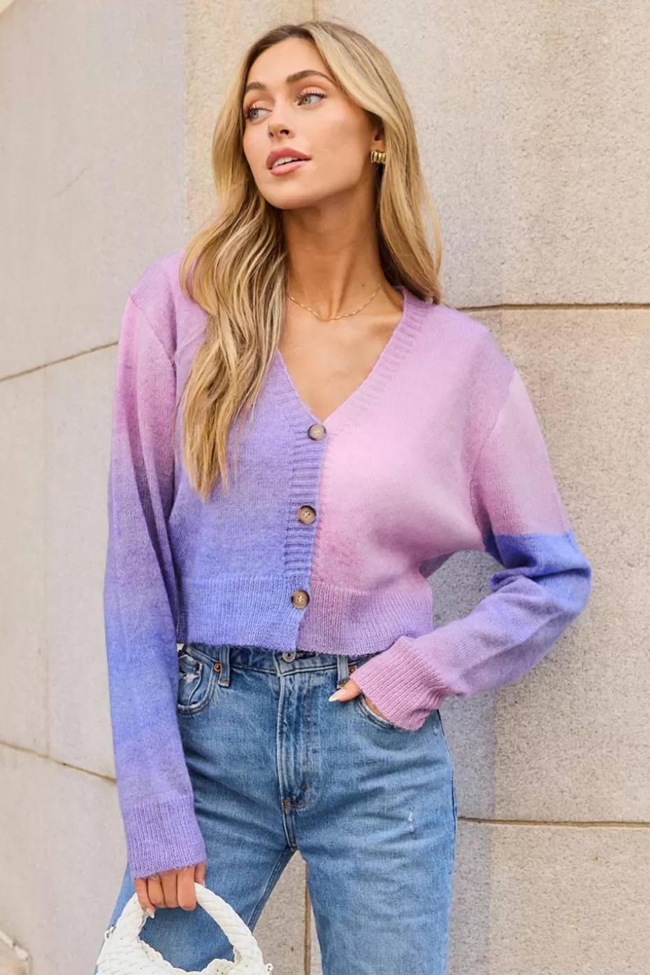 Store Cupshe Ombre V-Neck Long Sleeve Cropped Cardigan Blue