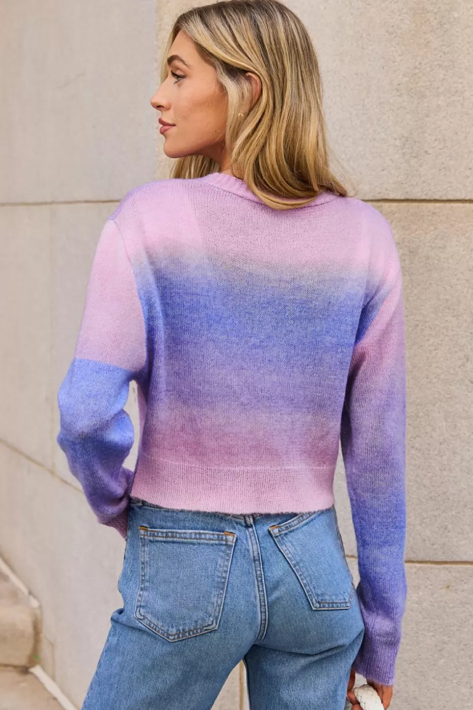 Store Cupshe Ombre V-Neck Long Sleeve Cropped Cardigan Blue
