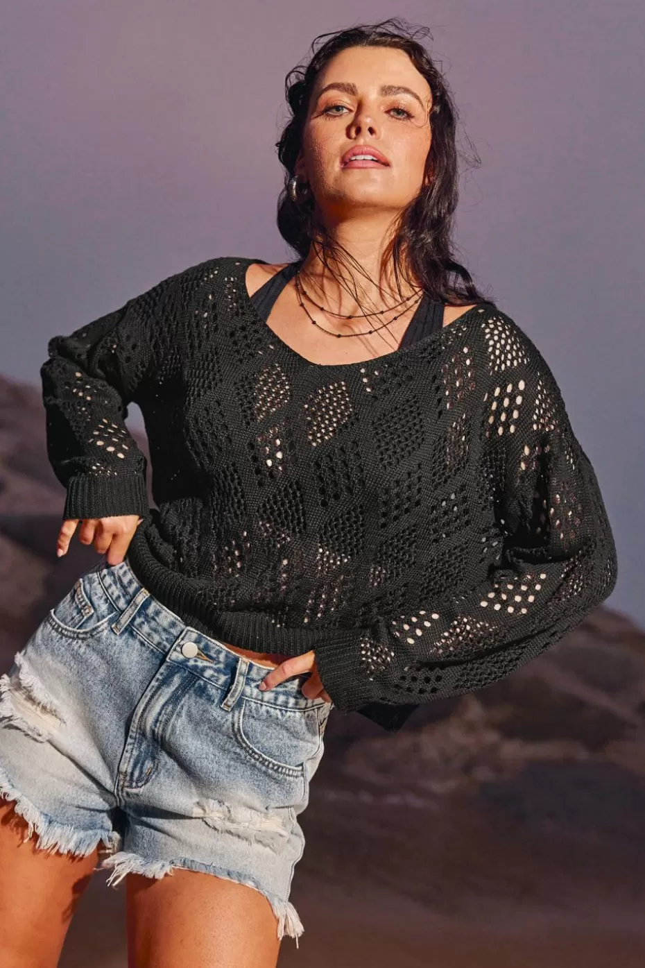 Hot Cupshe Onyx Crochet V-Neck Cover-Up Top Black