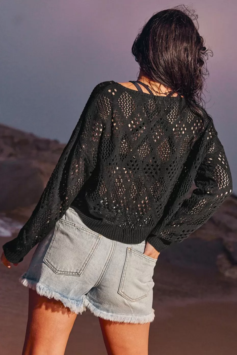 Hot Cupshe Onyx Crochet V-Neck Cover-Up Top Black