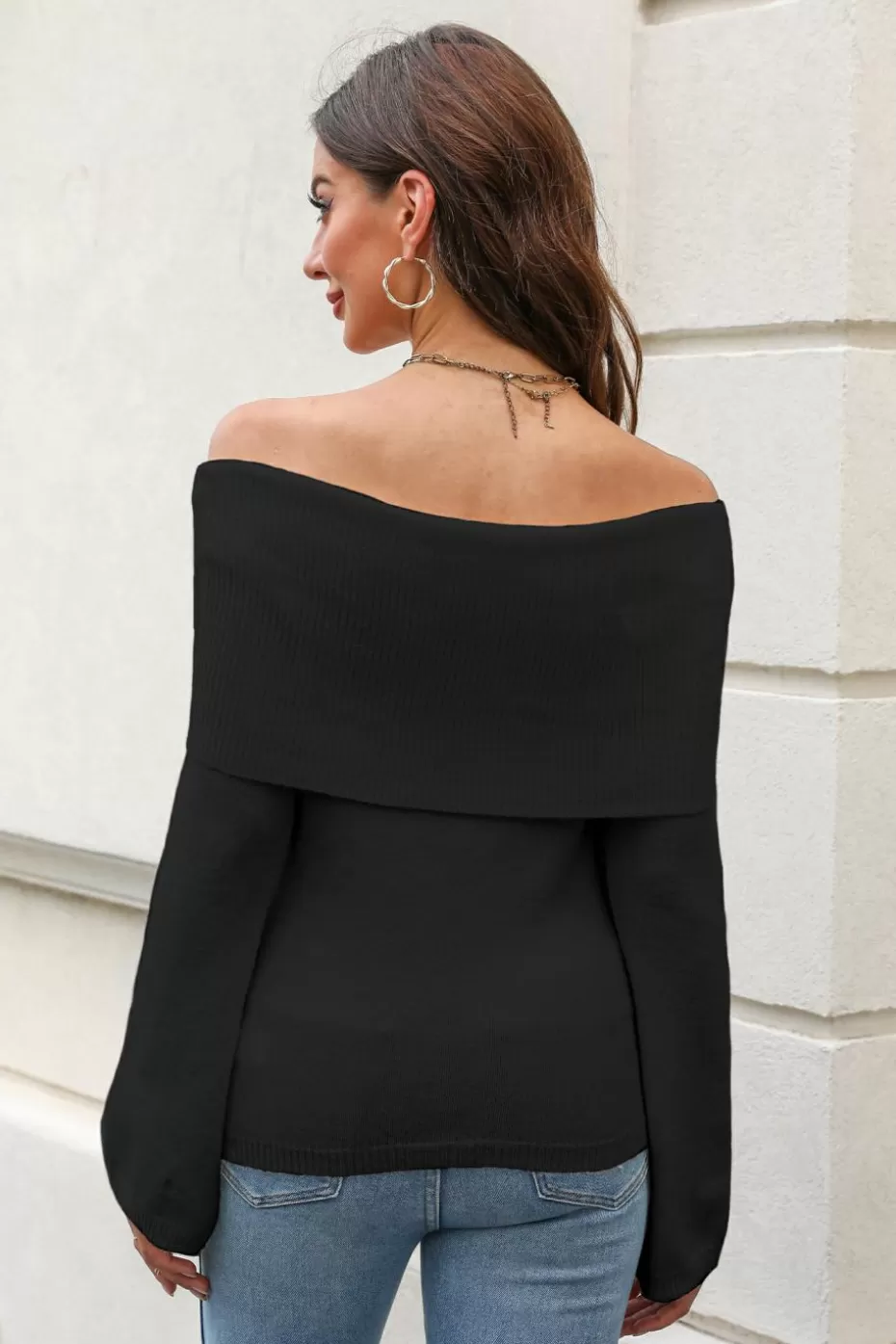 Cheap Cupshe Onyx Foldover Off-the-Shoulder Sweater Black