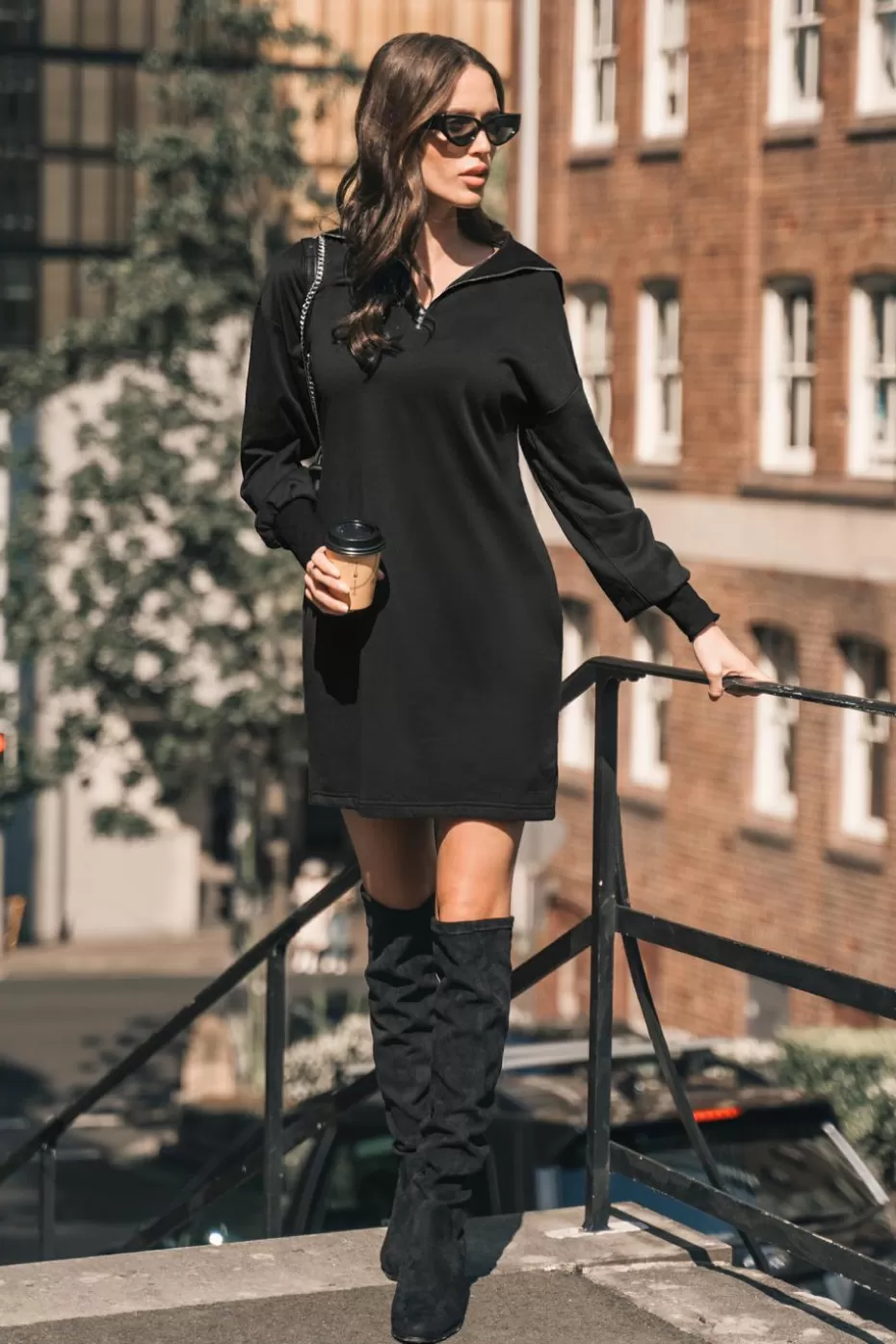 Sale Cupshe Onyx Half-Zip Hooded Dress Black