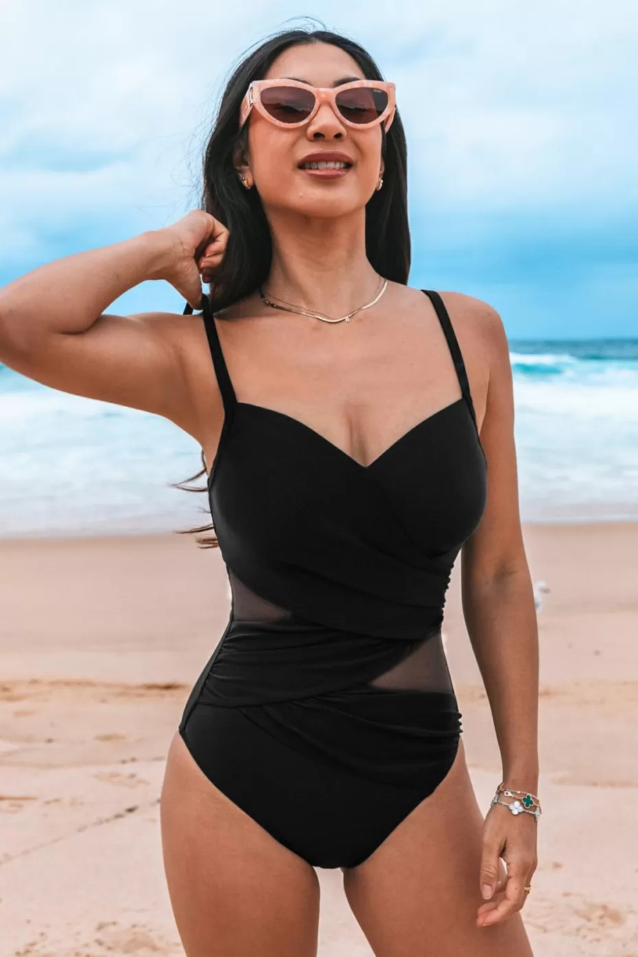 Cheap Cupshe Onyx Mesh Ruched One-Piece Swimsuit Black