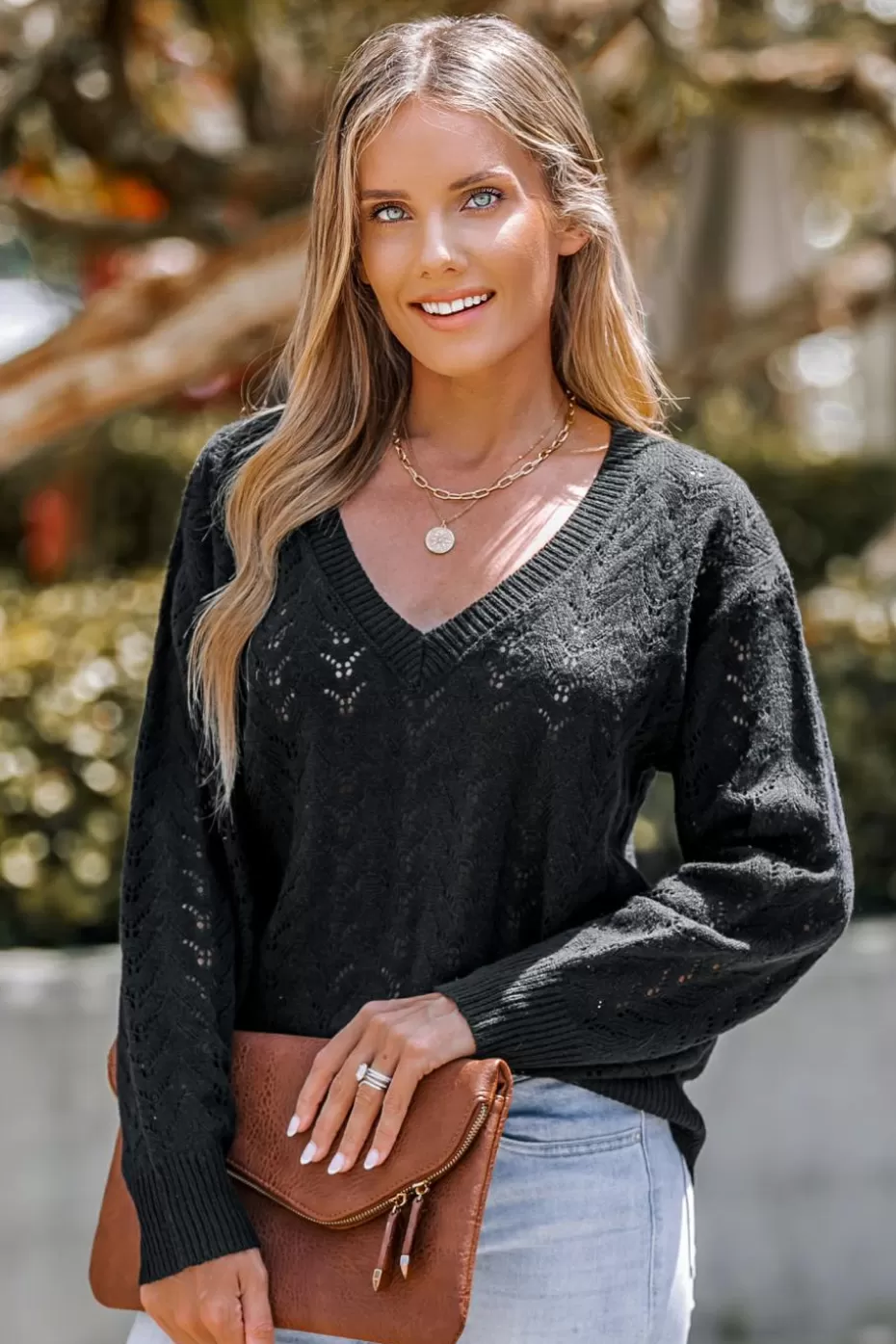 Discount Cupshe Onyx Pointelle Knit V-Neck Sweater Black