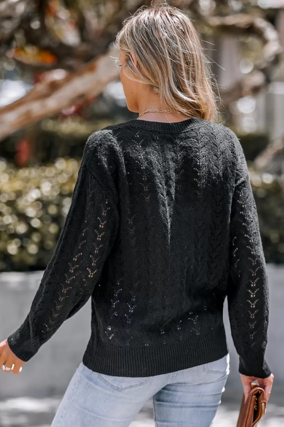 Discount Cupshe Onyx Pointelle Knit V-Neck Sweater Black