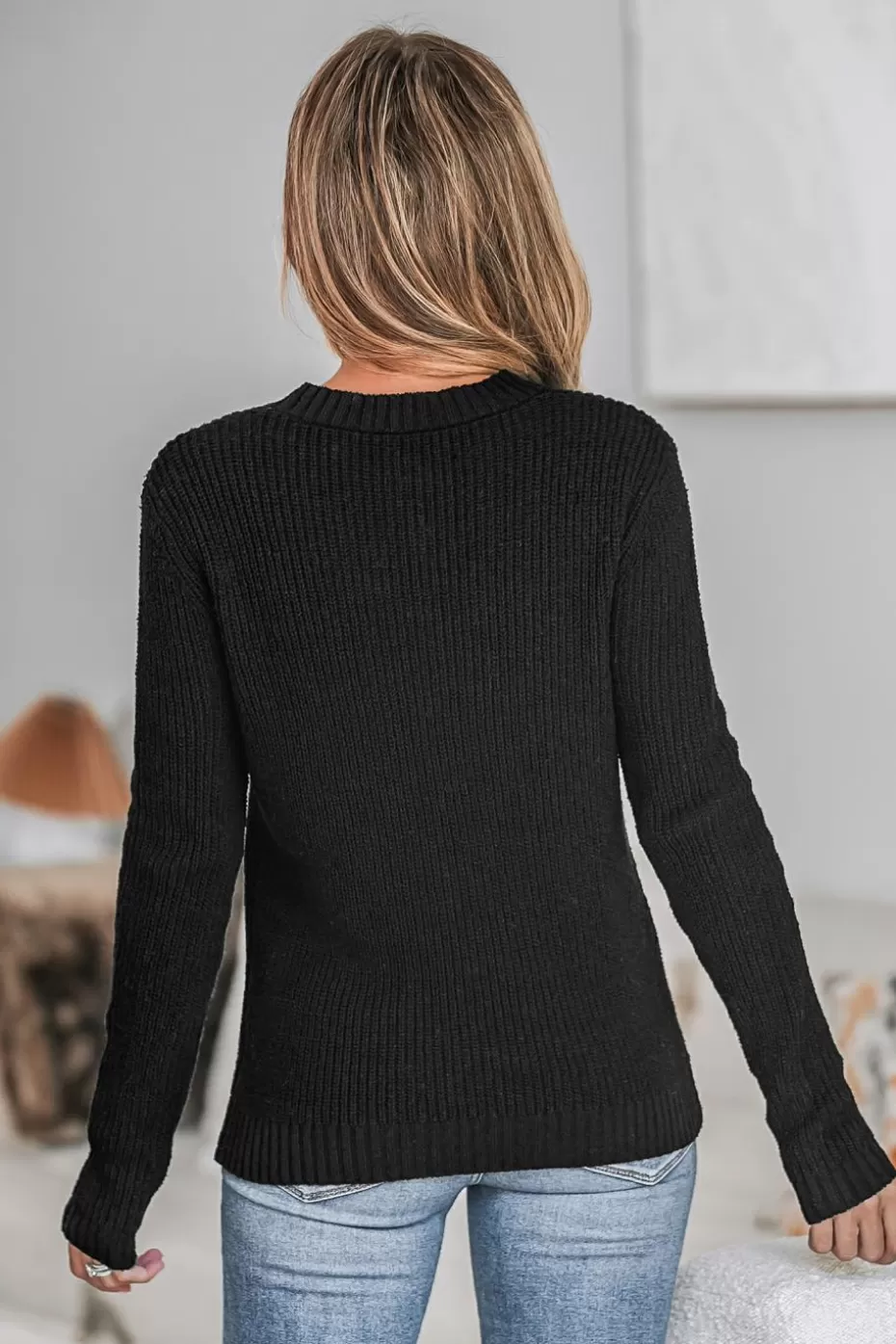 Hot Cupshe Onyx Ribbed Cutout Sweater Black