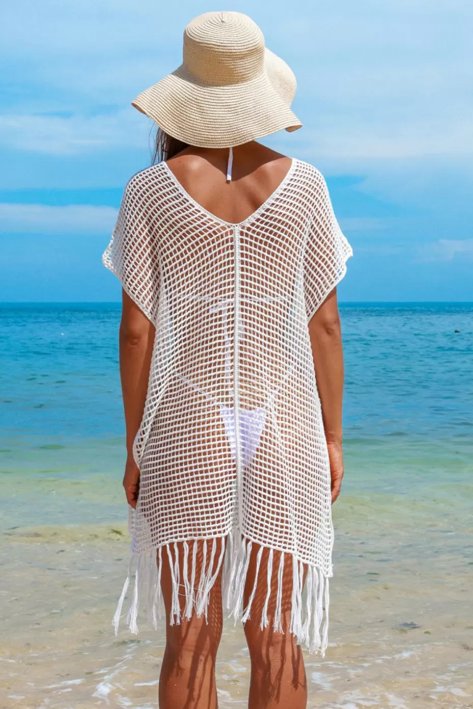 Store Cupshe Open Knit Crochet Fringe Hem Cover-Up White