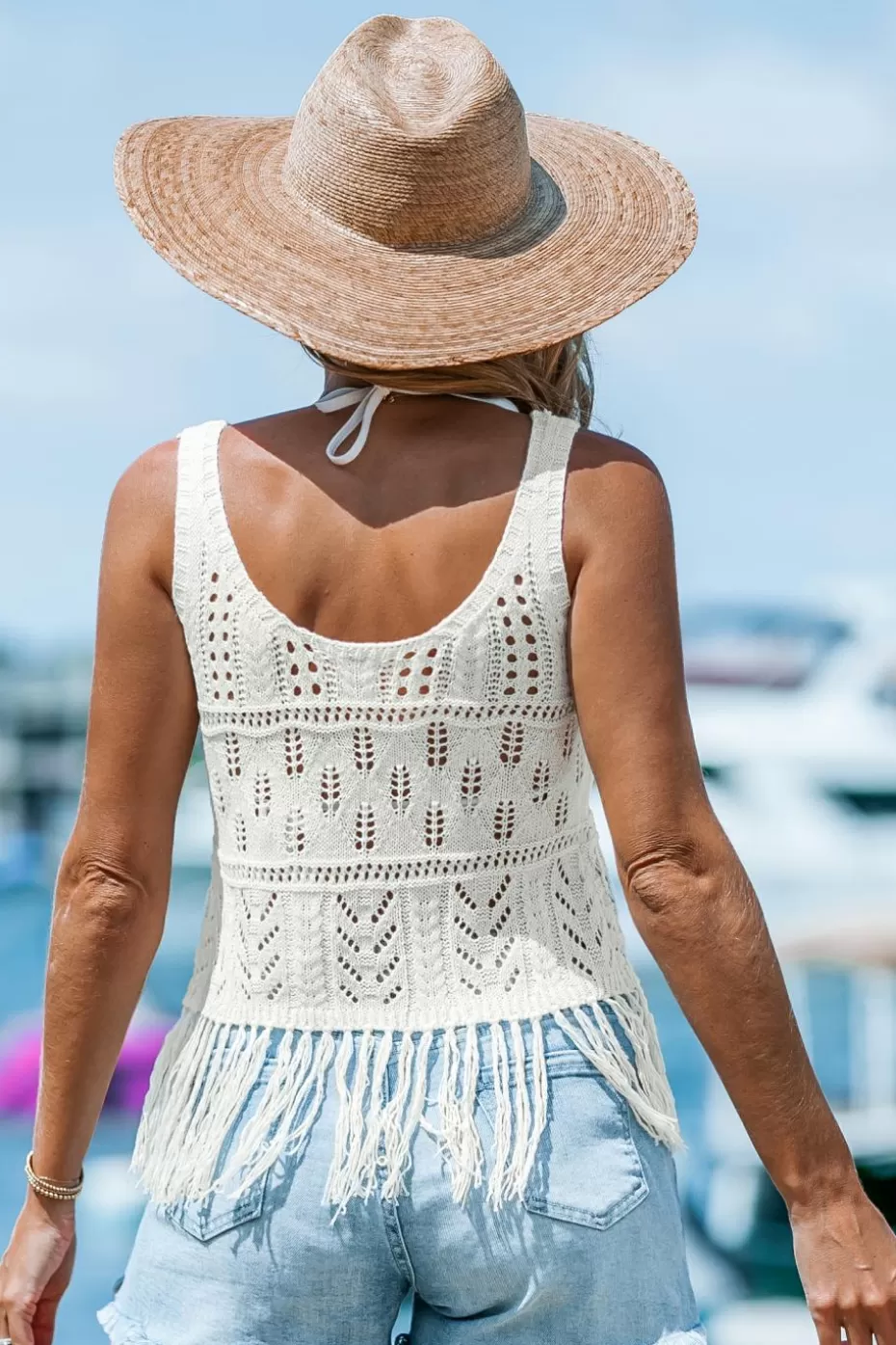 Fashion Cupshe Open Knit Sleeveless Front Button Fringe Cover-Up White