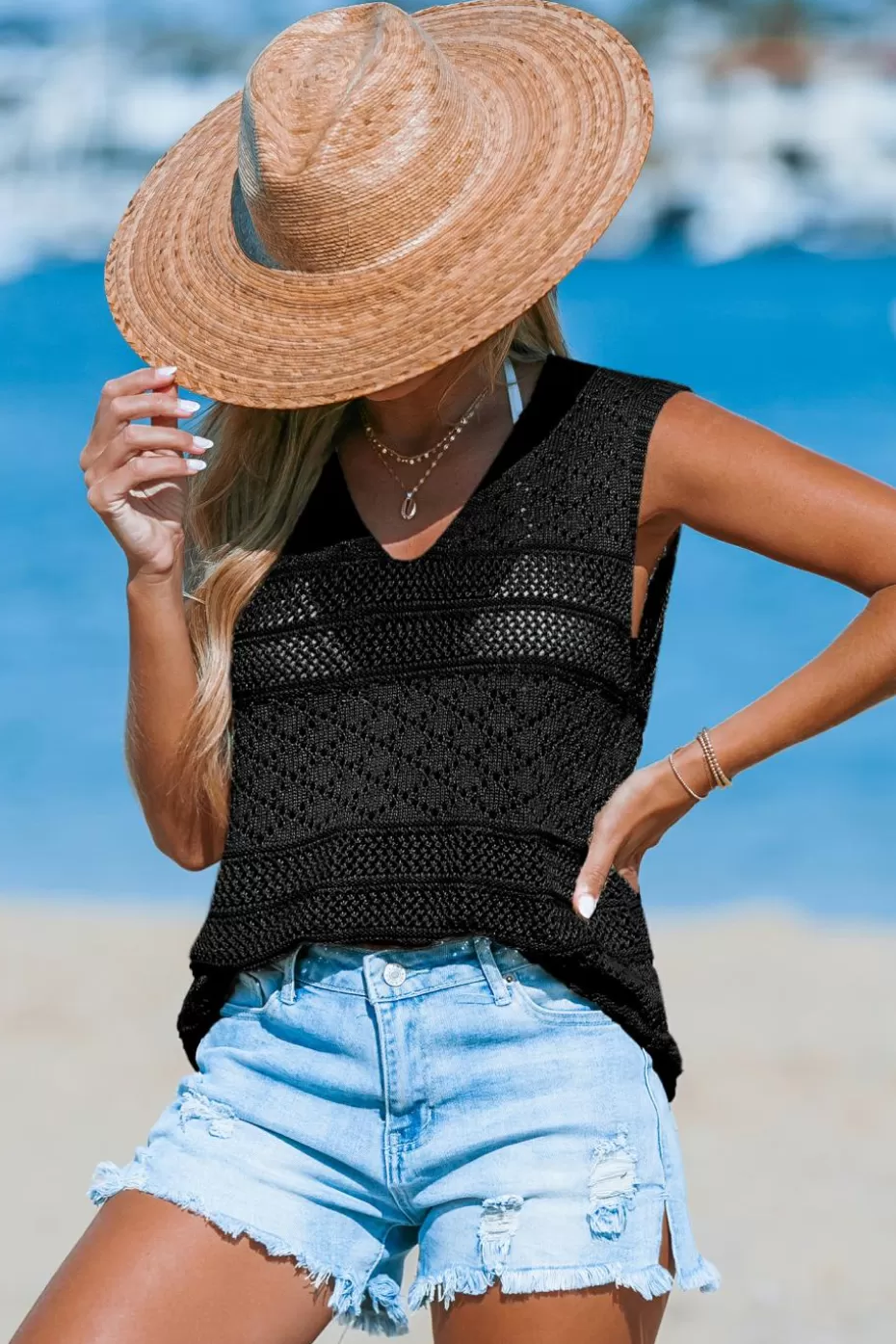 Shop Cupshe Open Knit V-Neck Sleeveless Cover-Up Top Black
