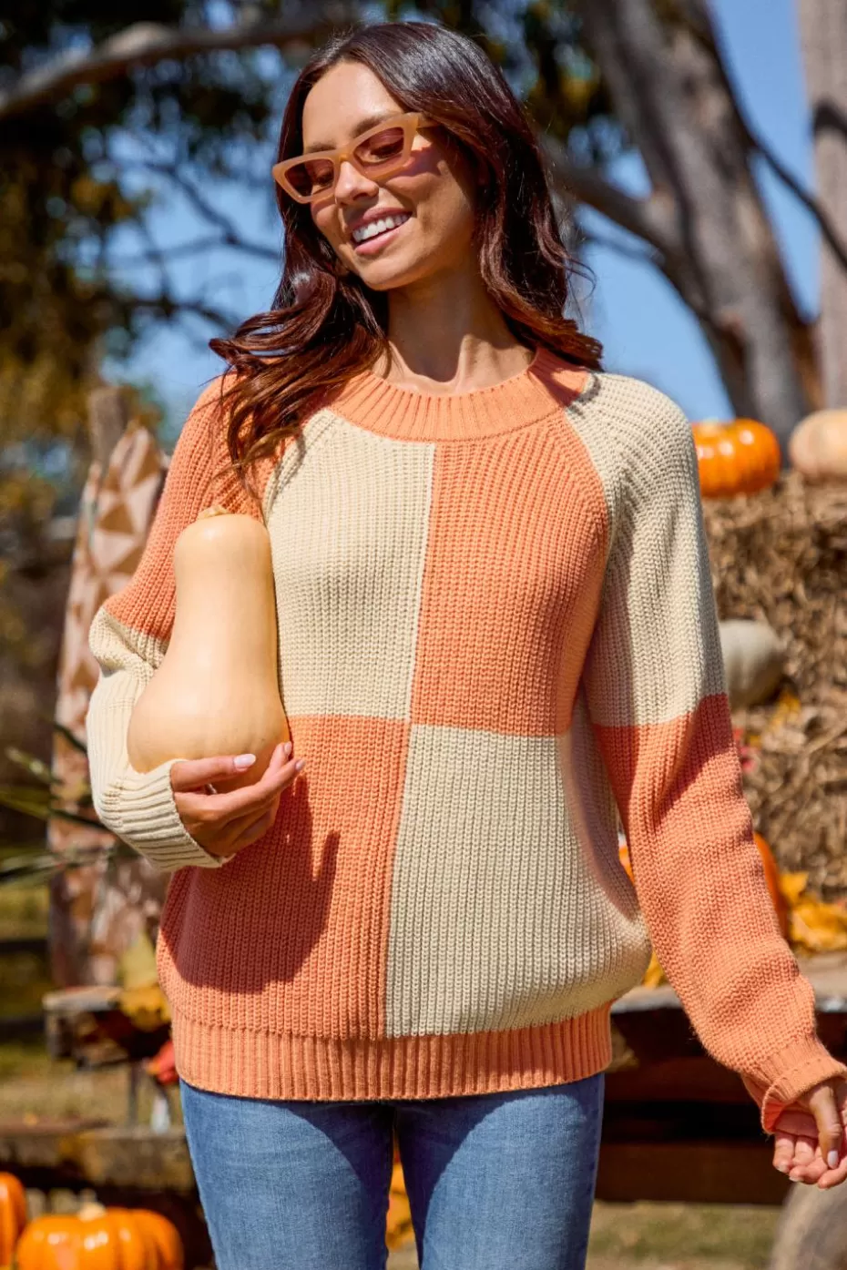 Fashion Cupshe & Apricot Checkered Long Sleeve Sweater Orange