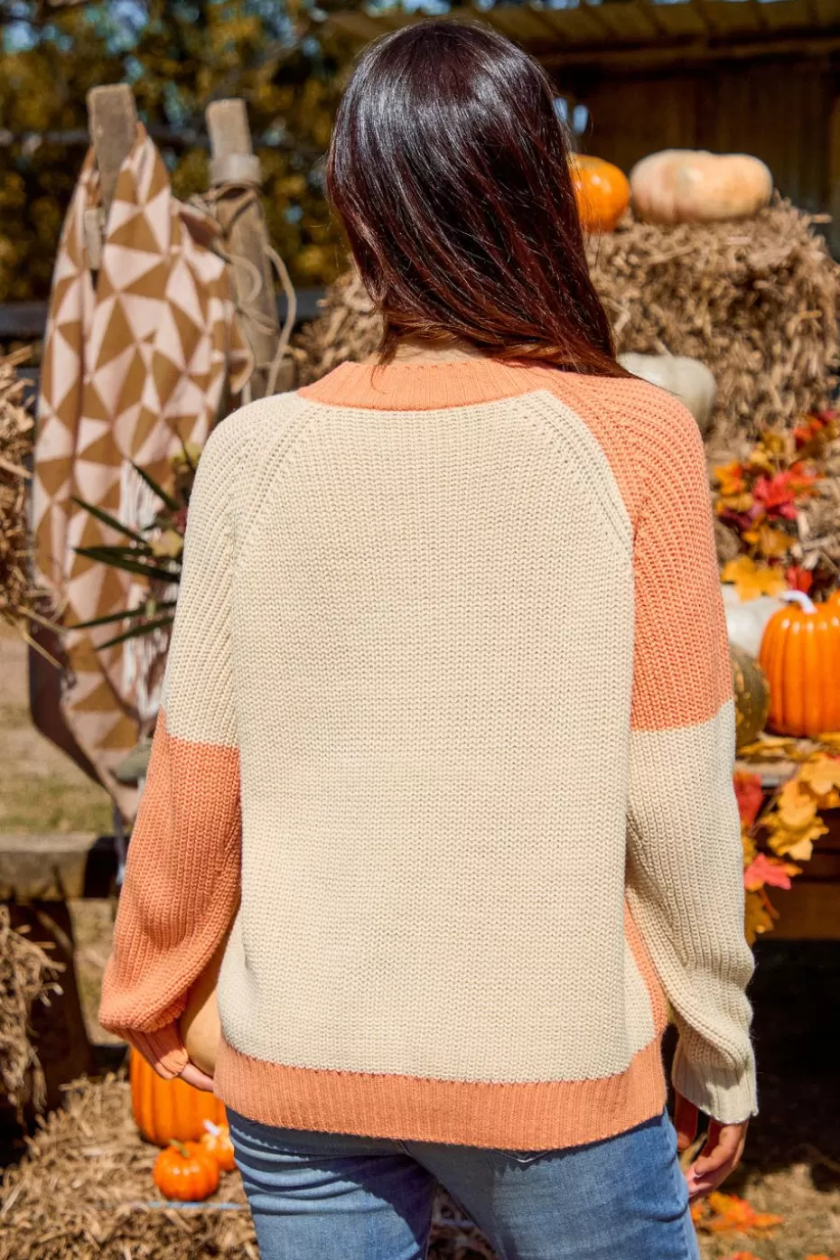 Fashion Cupshe & Apricot Checkered Long Sleeve Sweater Orange