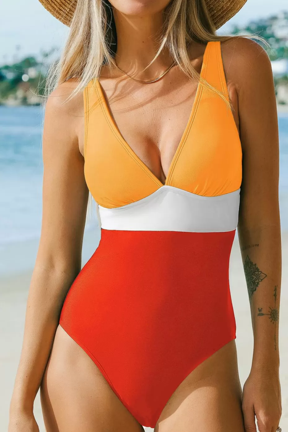 Sale Cupshe Orange Red & White Colorblock V-Neck One-Piece Orange-Red