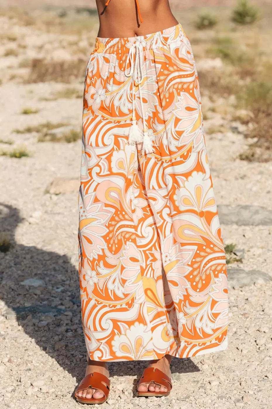 Online Cupshe Paisley Elastic Waist Wide Leg Pants Orange