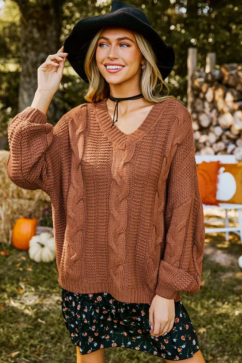 Store Cupshe V-Neck Long Sleeve Cable Knit Sweater Orange