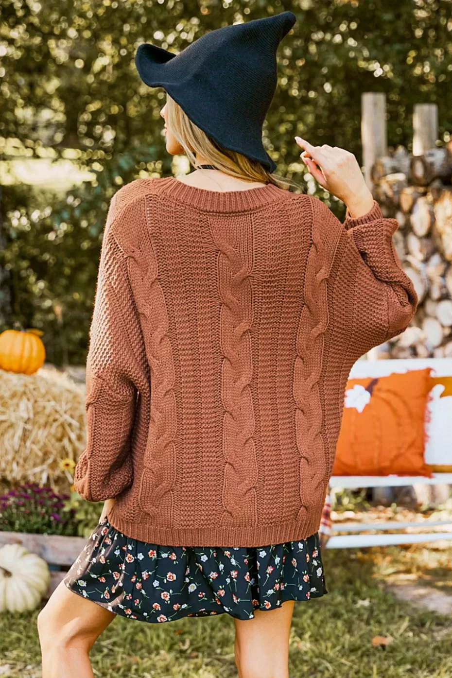 Store Cupshe V-Neck Long Sleeve Cable Knit Sweater Orange