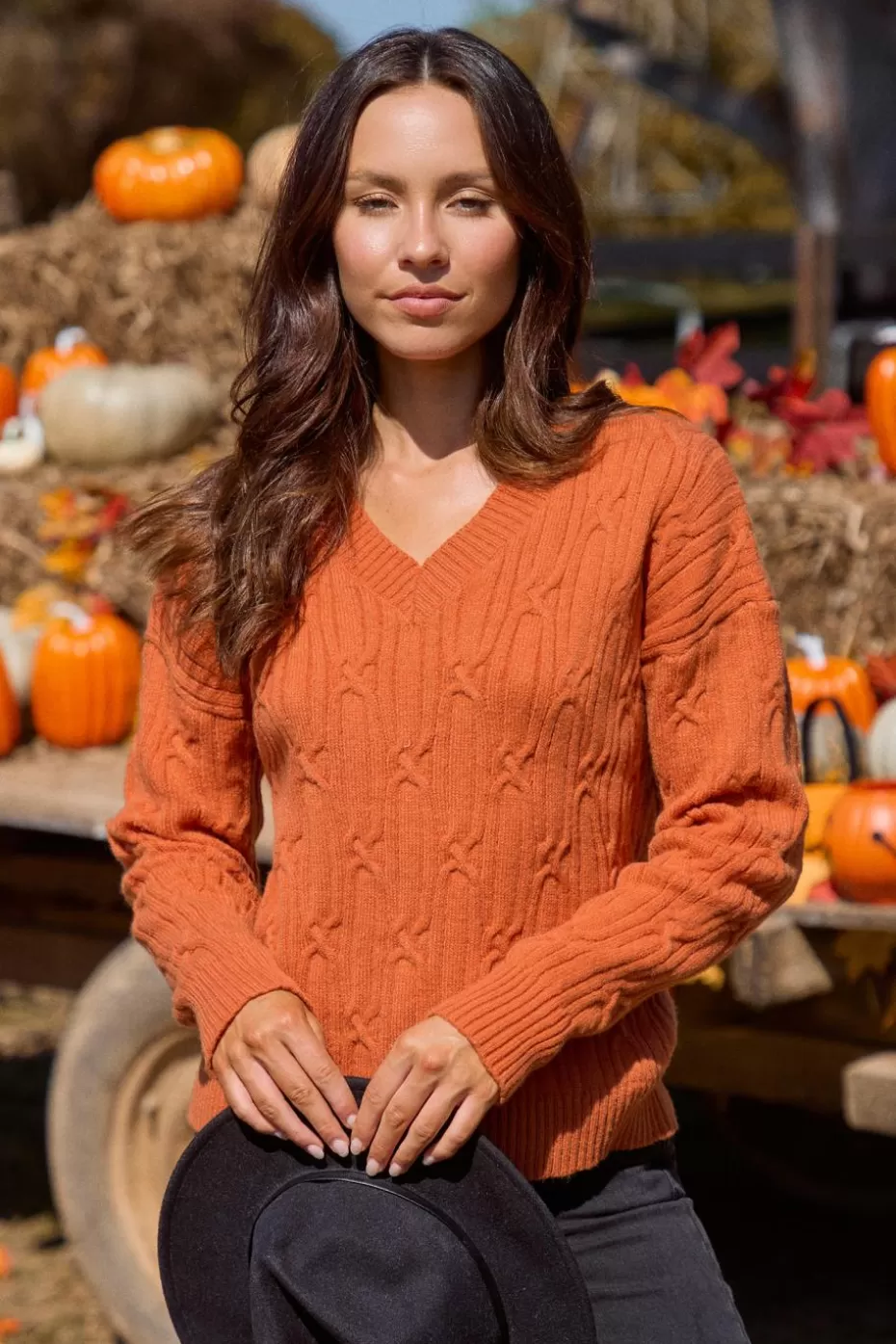 Flash Sale Cupshe V-Neck Long Sleeve Sweater Top Orange