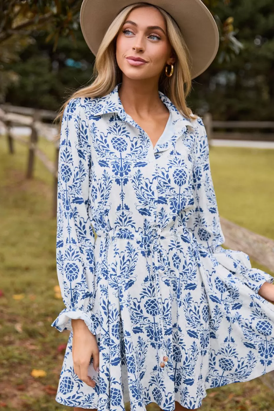 Outlet Cupshe Ornate Collared Poet Sleeve Button Up Mini Dress Blue