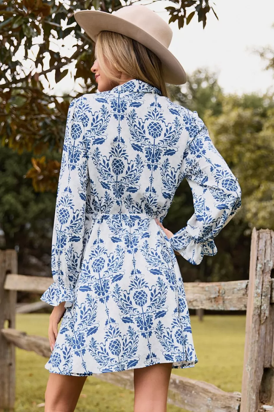 Outlet Cupshe Ornate Collared Poet Sleeve Button Up Mini Dress Blue