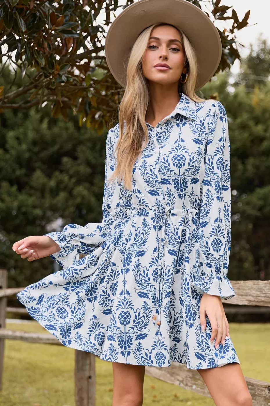 Outlet Cupshe Ornate Collared Poet Sleeve Button Up Mini Dress Blue