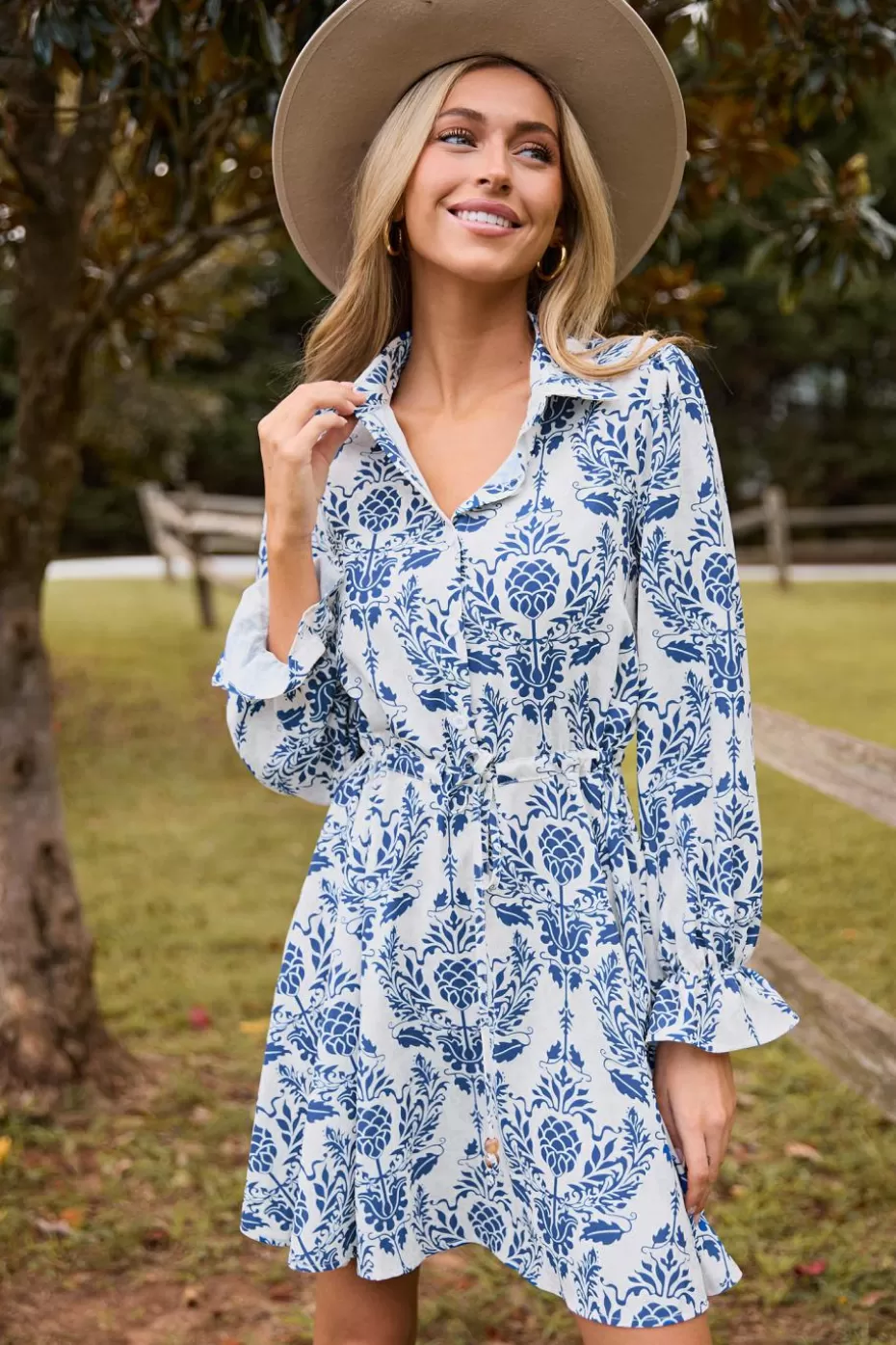 Outlet Cupshe Ornate Collared Poet Sleeve Button Up Mini Dress Blue