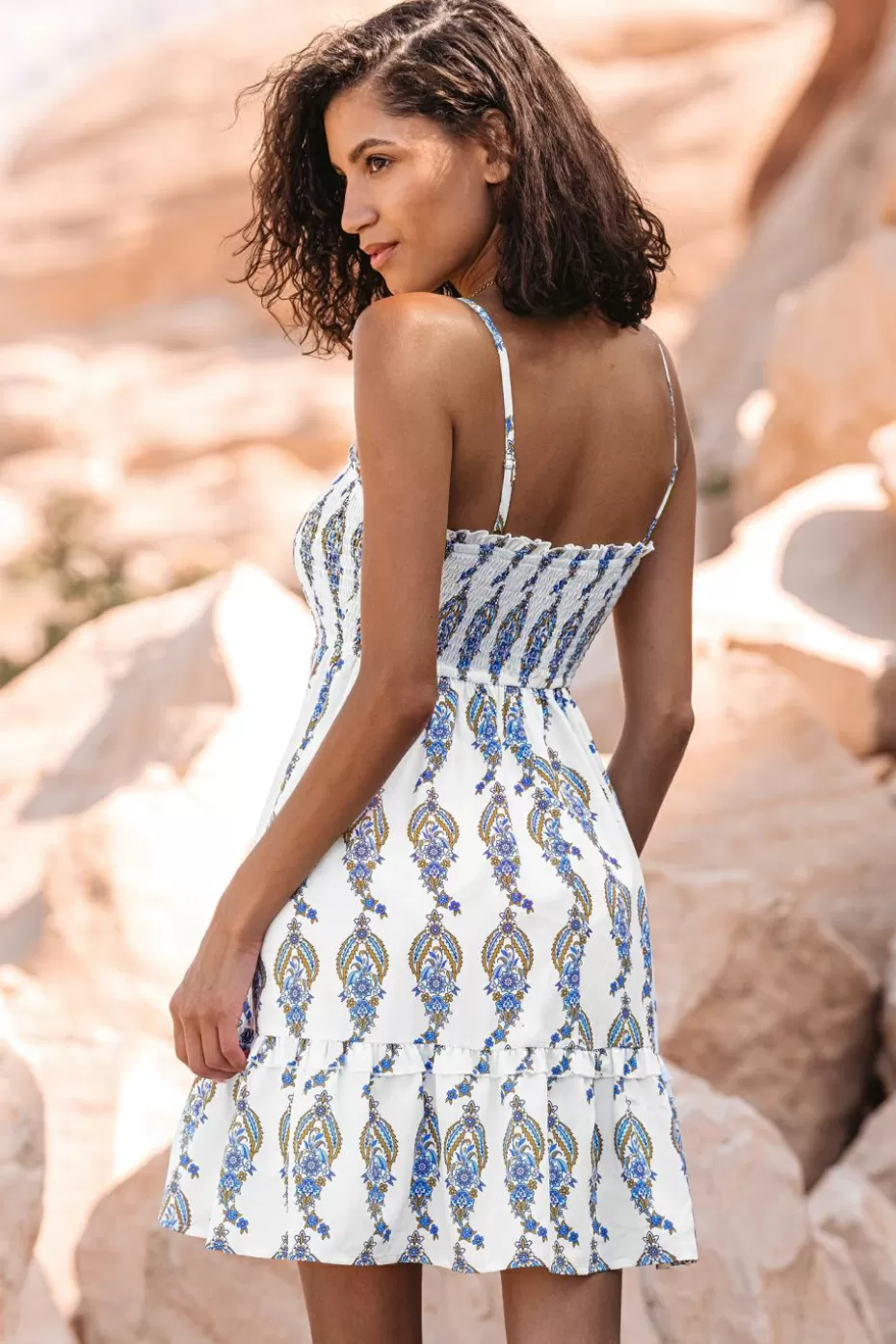 Sale Cupshe Ornate Print Smocked Cami Mini Dress White