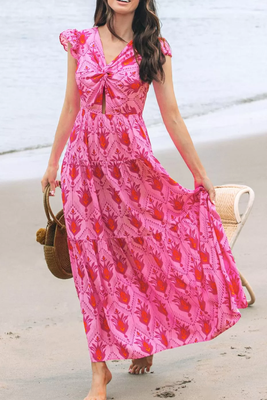 New Cupshe Ornate Print Twisted Front Maxi Front Pink
