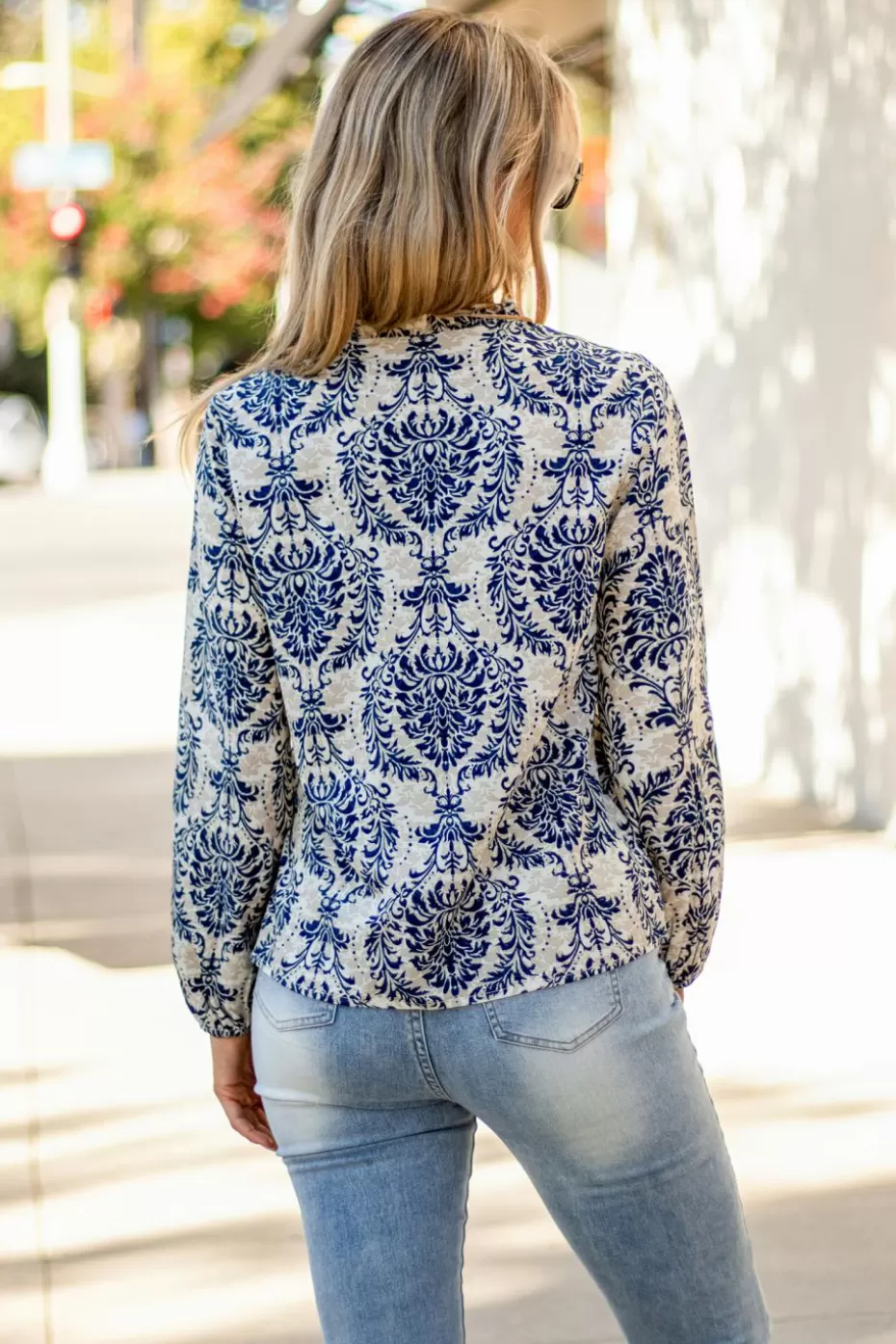 Discount Cupshe Ornate Print V-Neck Buttoned Top Cobalt
