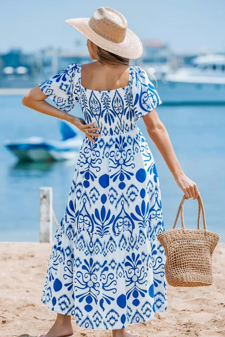 Best Cupshe Ornate Square Neck Smocked Bodice Midi Dress Blue