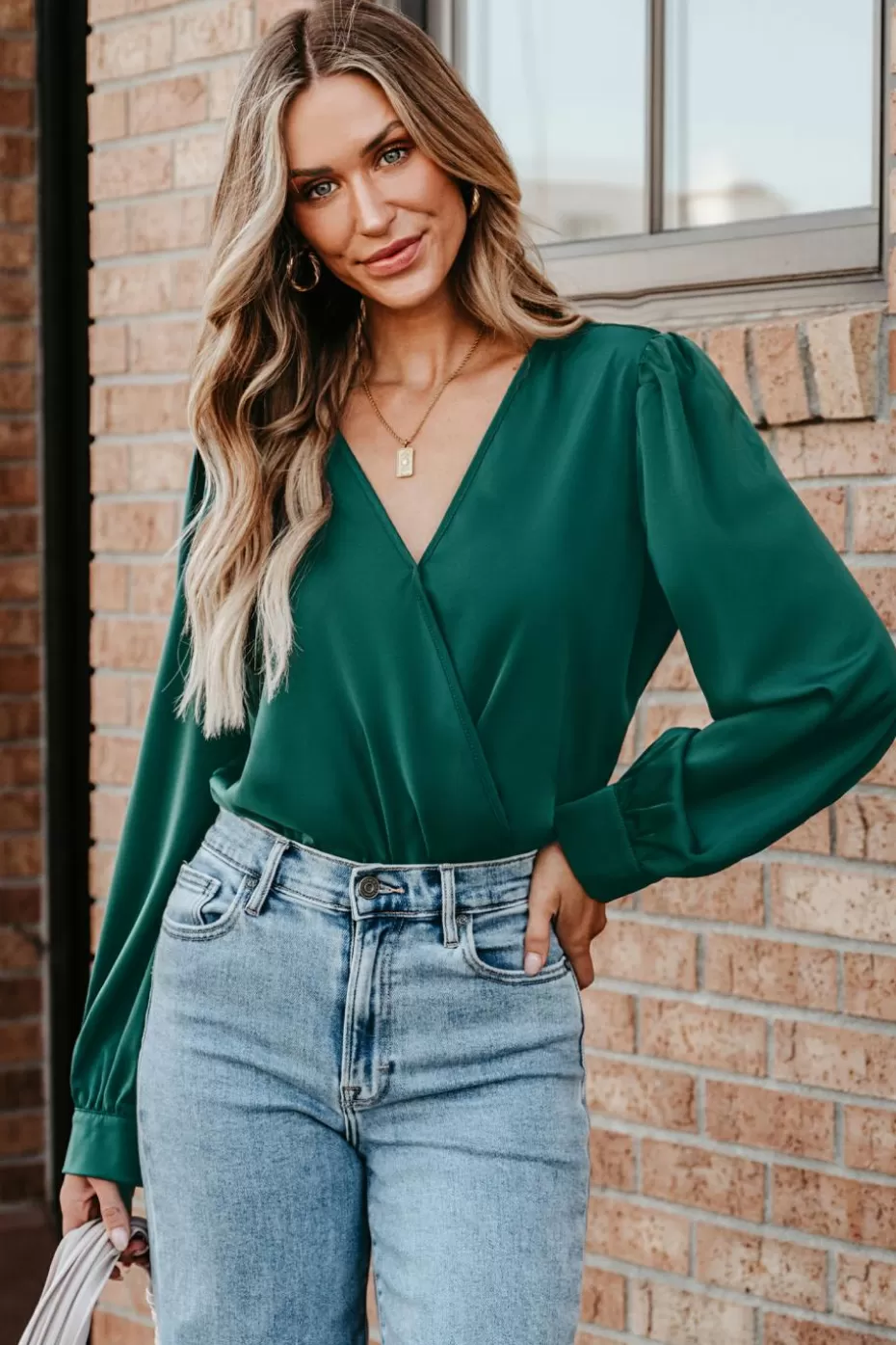 Fashion Cupshe Party Mode Surplice Neck Long Sleeve Bodysuit Green