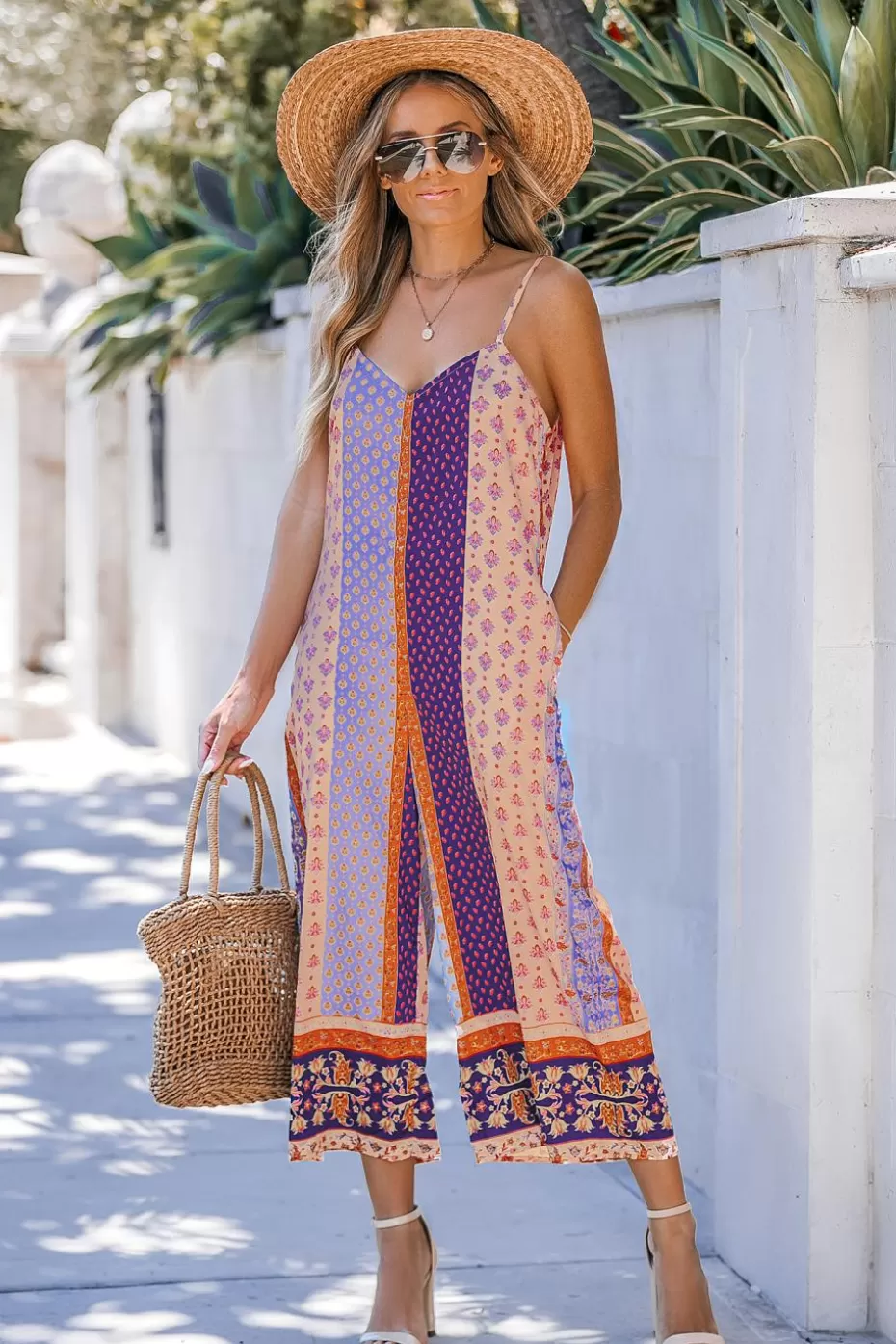 Shop Cupshe Patchwork Boho Sleeveless Straight Leg Jumpsuit Blue