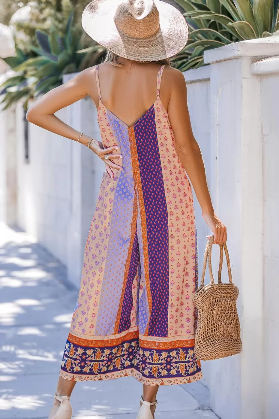 Shop Cupshe Patchwork Boho Sleeveless Straight Leg Jumpsuit Blue
