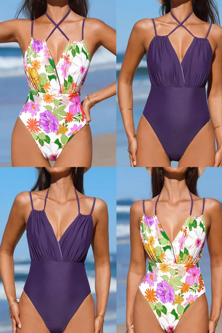 Cheap Cupshe Paulette Reversible Crossover Halterneck One-Piece Plum