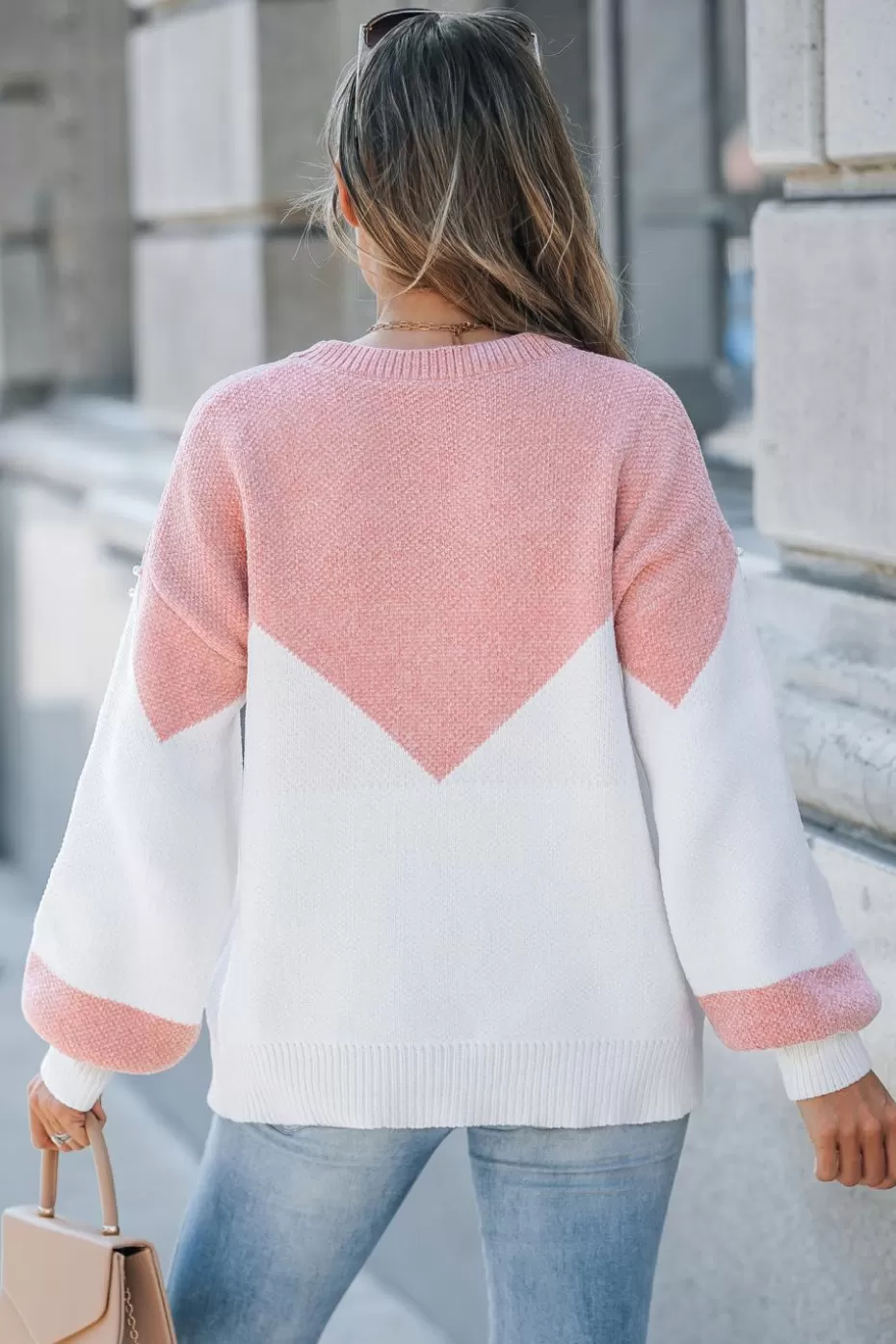 Clearance Cupshe & White Colorblock Faux Pearl Sweater Pink