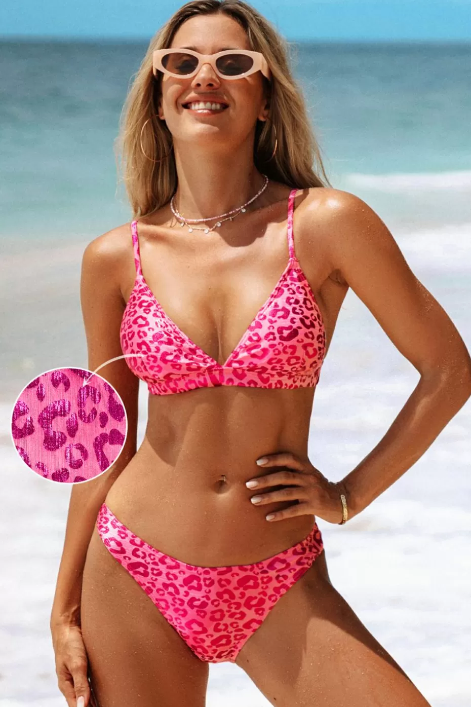 Best Sale Cupshe Pink Leopard V-Neck Bikini Top & Low-Rise Bottoms Set Hot Neon Pink