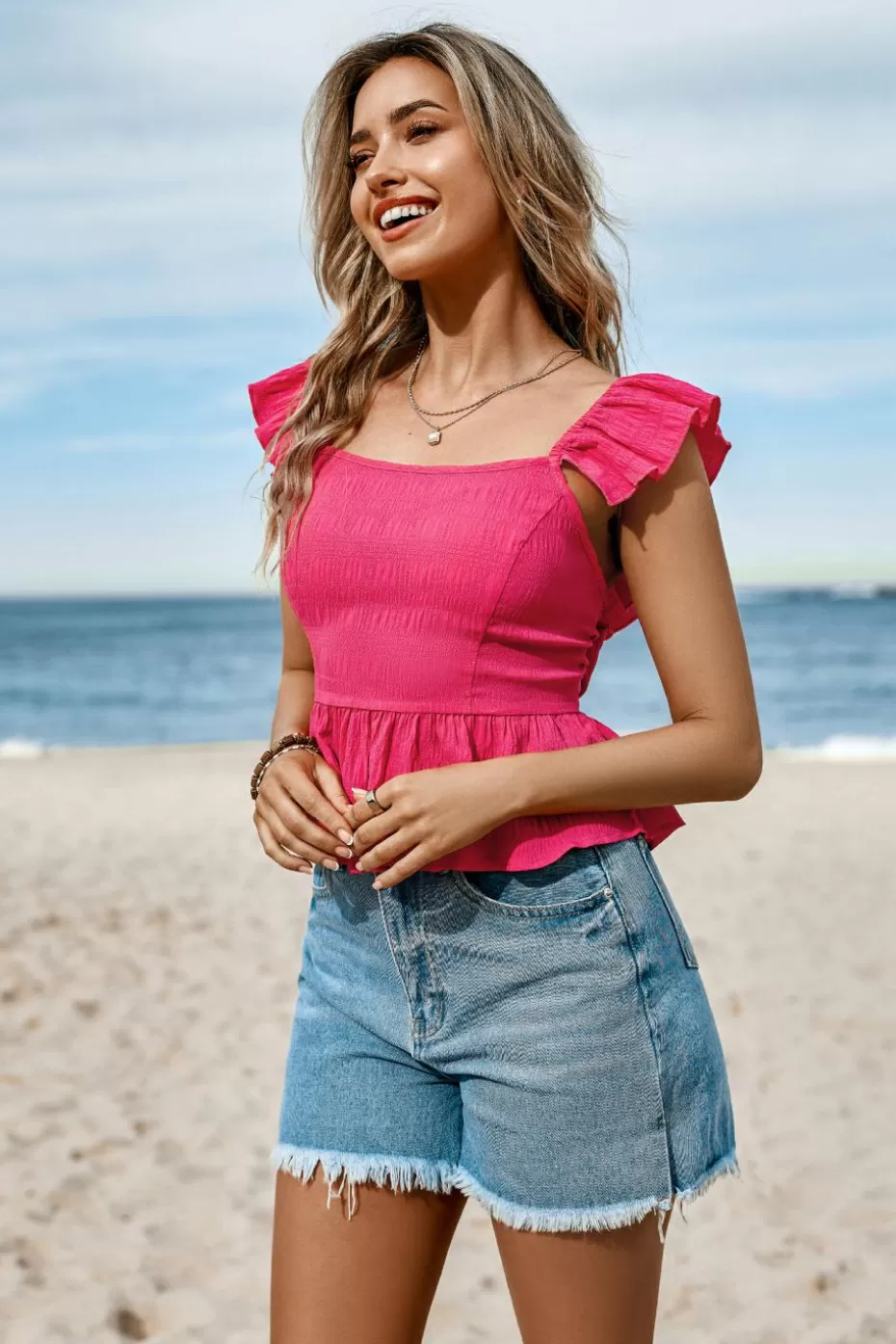 Sale Cupshe Pink Ruffled Tie Back Top Hot Neon Pink