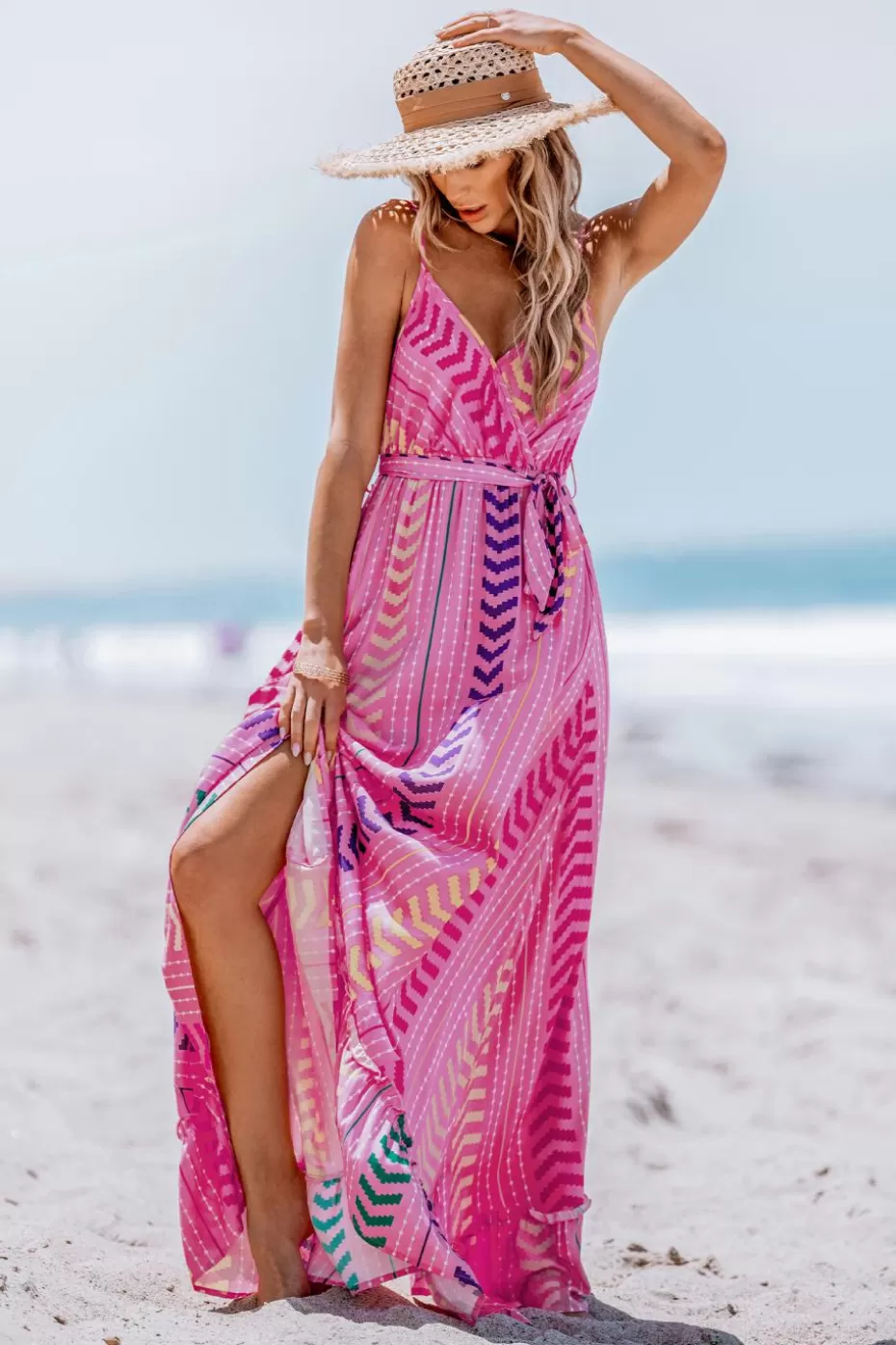 Shop Cupshe V-Neck Belted Maxi Dress Pink
