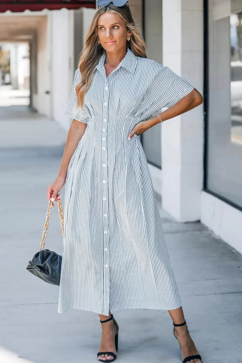 Discount Cupshe Pinstriped Midi Shirt Dress White