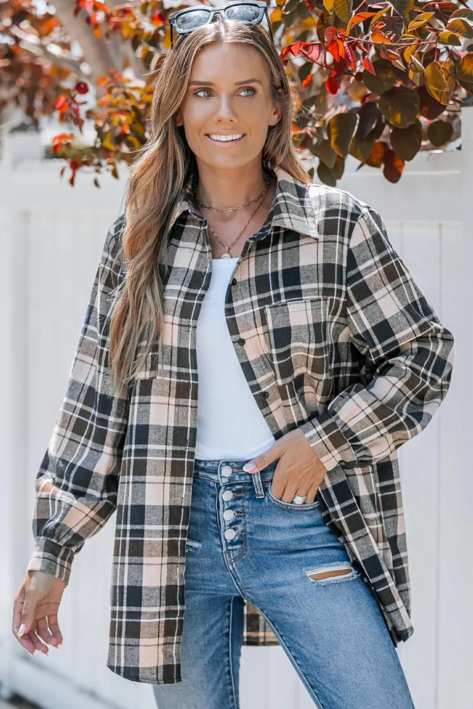 Fashion Cupshe Plaid Collared Long Sleeve Button Up Shirt Blue