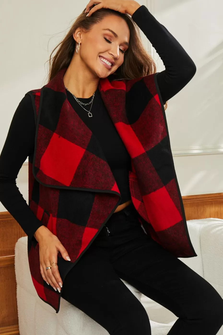 Fashion Cupshe Plaid Open-Front Pocket Jacket Red