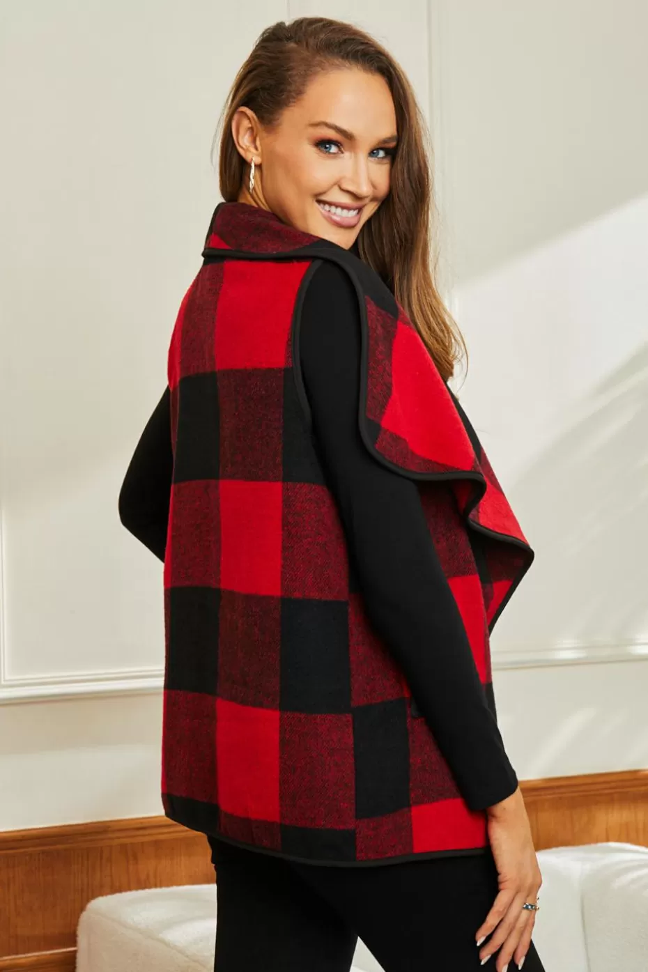 Fashion Cupshe Plaid Open-Front Pocket Jacket Red