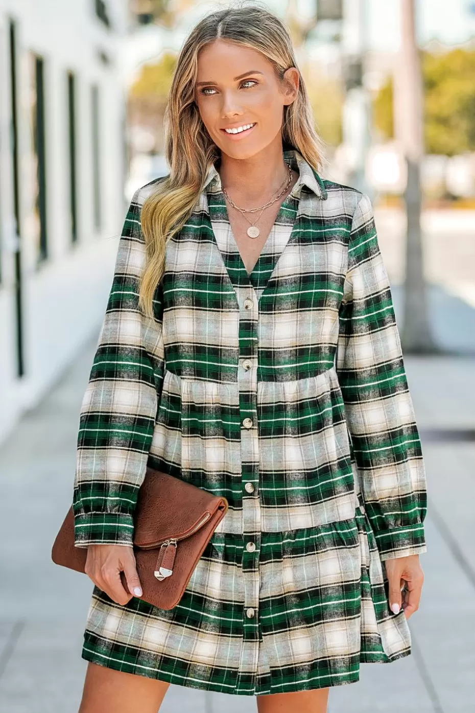 Online Cupshe Plaid V-Neck Mini Shirt Dress Green