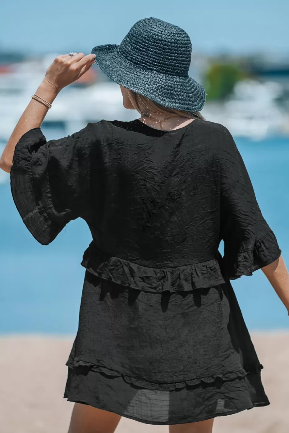 Outlet Cupshe Plunging Half-Sleeve Ruffle Cover-Up Dress Black