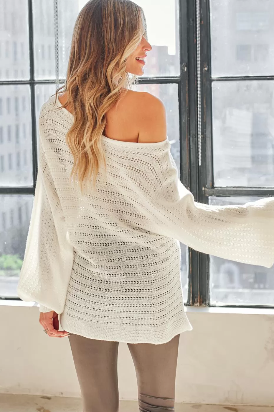Best Cupshe Pointelle Knit Drop Sleeve Sweater Off White/Ivory