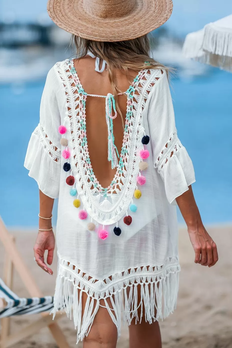 Outlet Cupshe Pom Pom Fringe Cover-Up Dress White